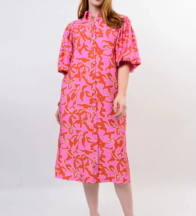 Ivy Jane  Uncle Frank Pink Pouf Sleeve Shirt Dress
