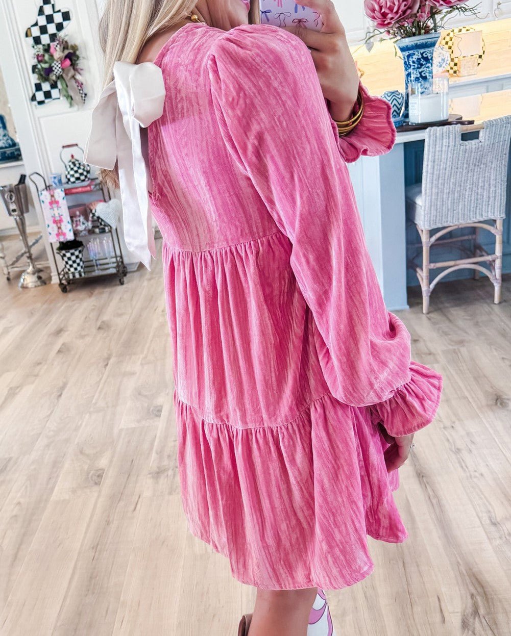 Powder Pink Tiered Velvet Dress - Mercantile213