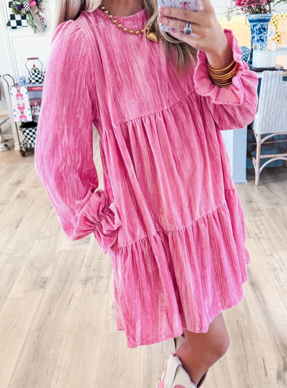 Powder Pink Tiered Velvet Dress - Mercantile213