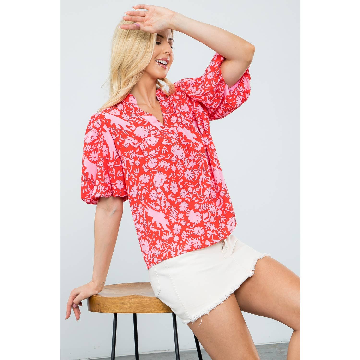Red and Pink Floral Blouse - Mercantile213