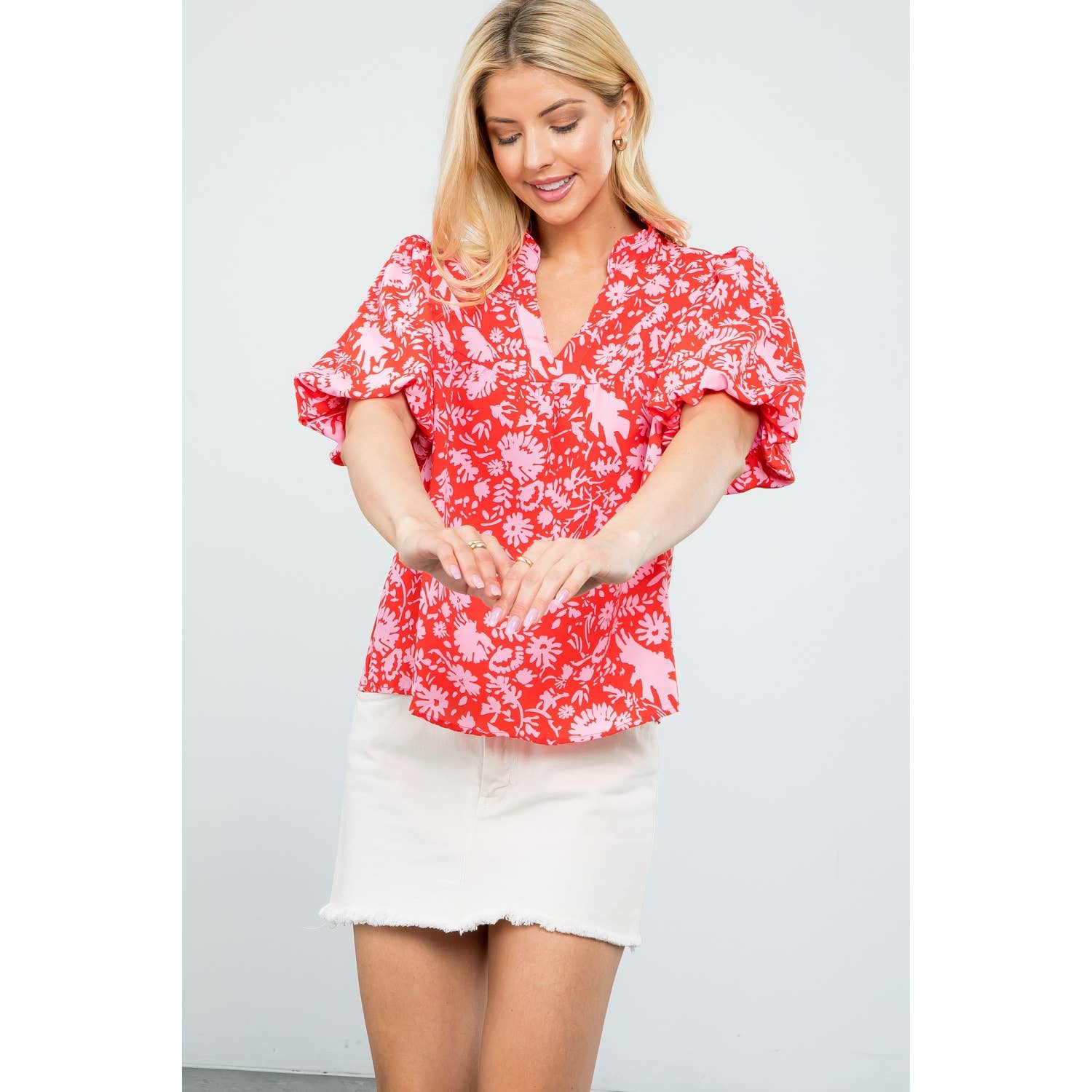 Red and Pink Floral Blouse - Mercantile213