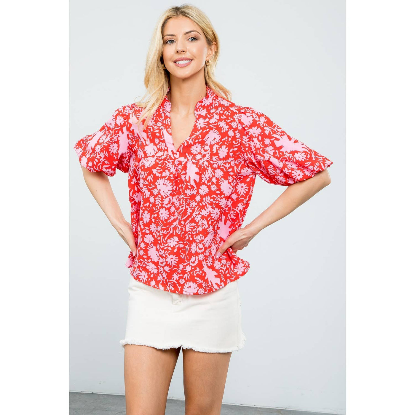 Red and Pink Floral Blouse - Mercantile213