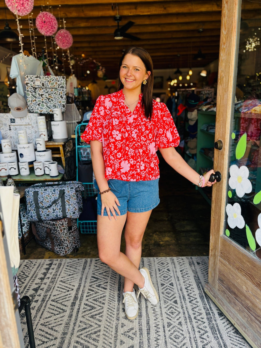Red and Pink Floral Blouse - Mercantile213