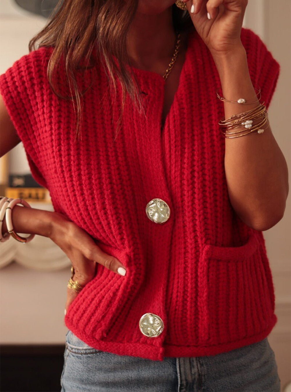 Red Buttoned Sweater Vest - Mercantile213