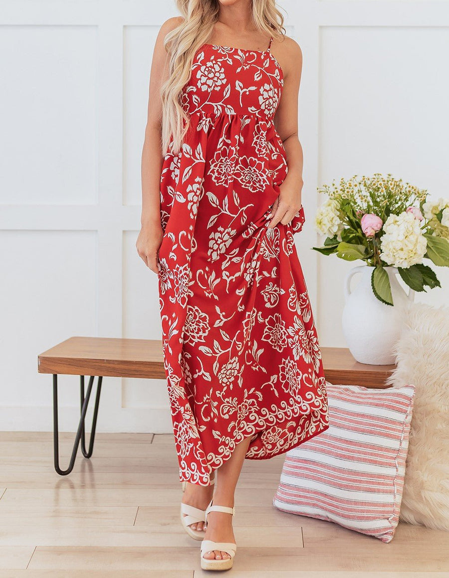 Red Floral Spaghetti Strap Dress - Mercantile213