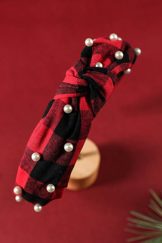 Red Plaid/Pearl Headband - Mercantile213
