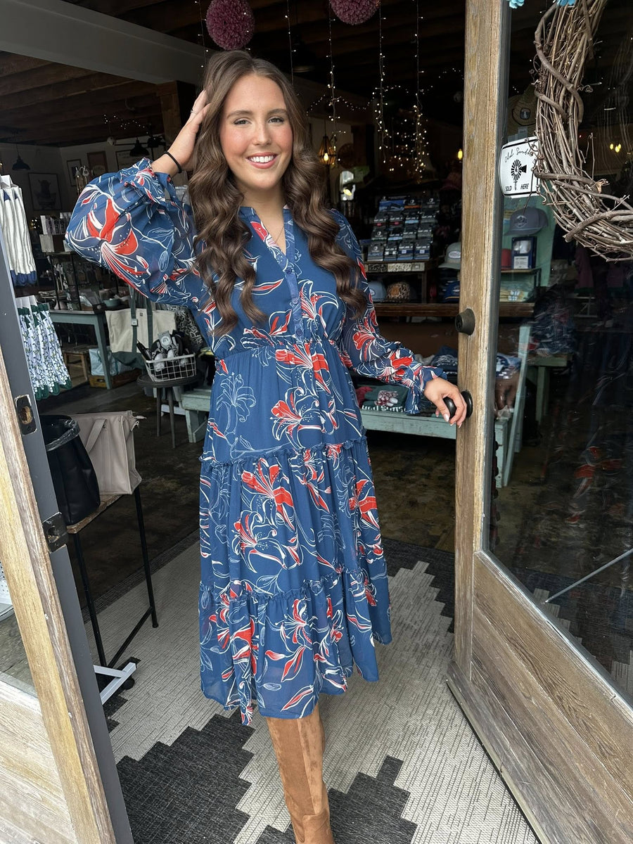 Red/Blue Floral Ruffle Maxi - Mercantile213