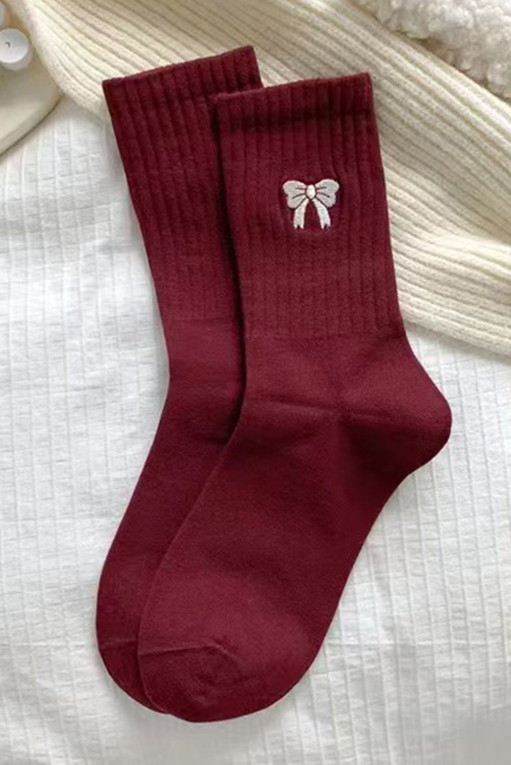 Red/White Embroidered Bow Socks - Mercantile213