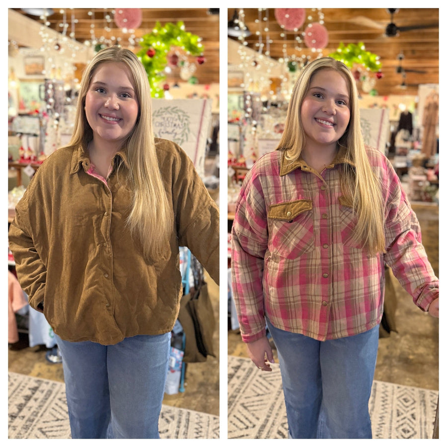 Reversible mixed Fabric Mackinaw Jacket: Brown/Pink - Mercantile213