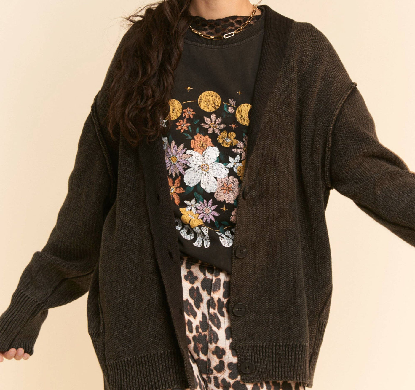 Ribbed Botton Front Sweater Cardigan - Charcoal - Mercantile213
