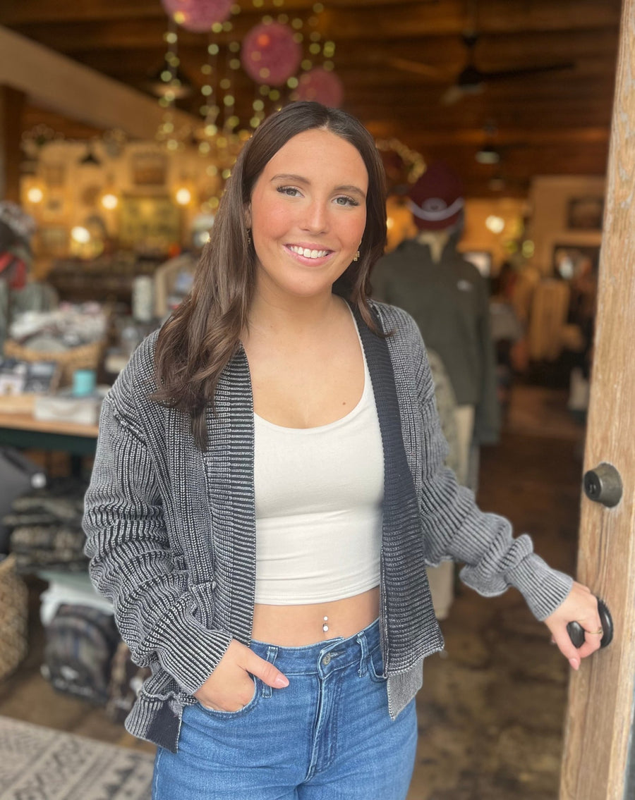 Ribbed Vintage Wash Cardigan - Black - Mercantile213