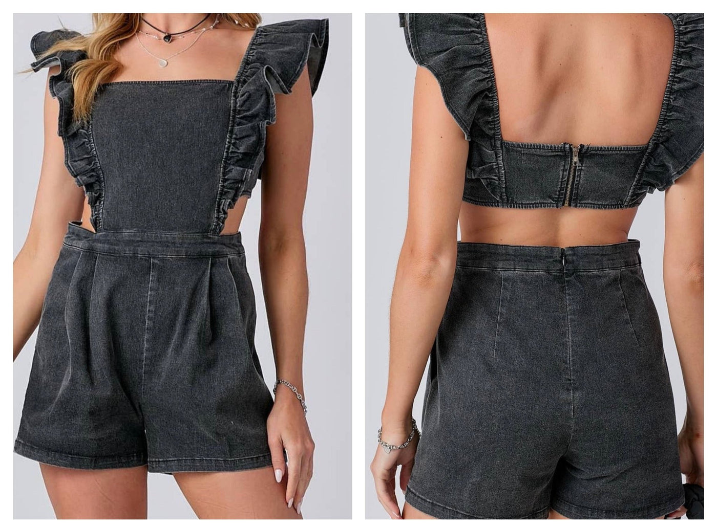 Ruffle Shoulder Denim Romper - Charcoal - Mercantile213