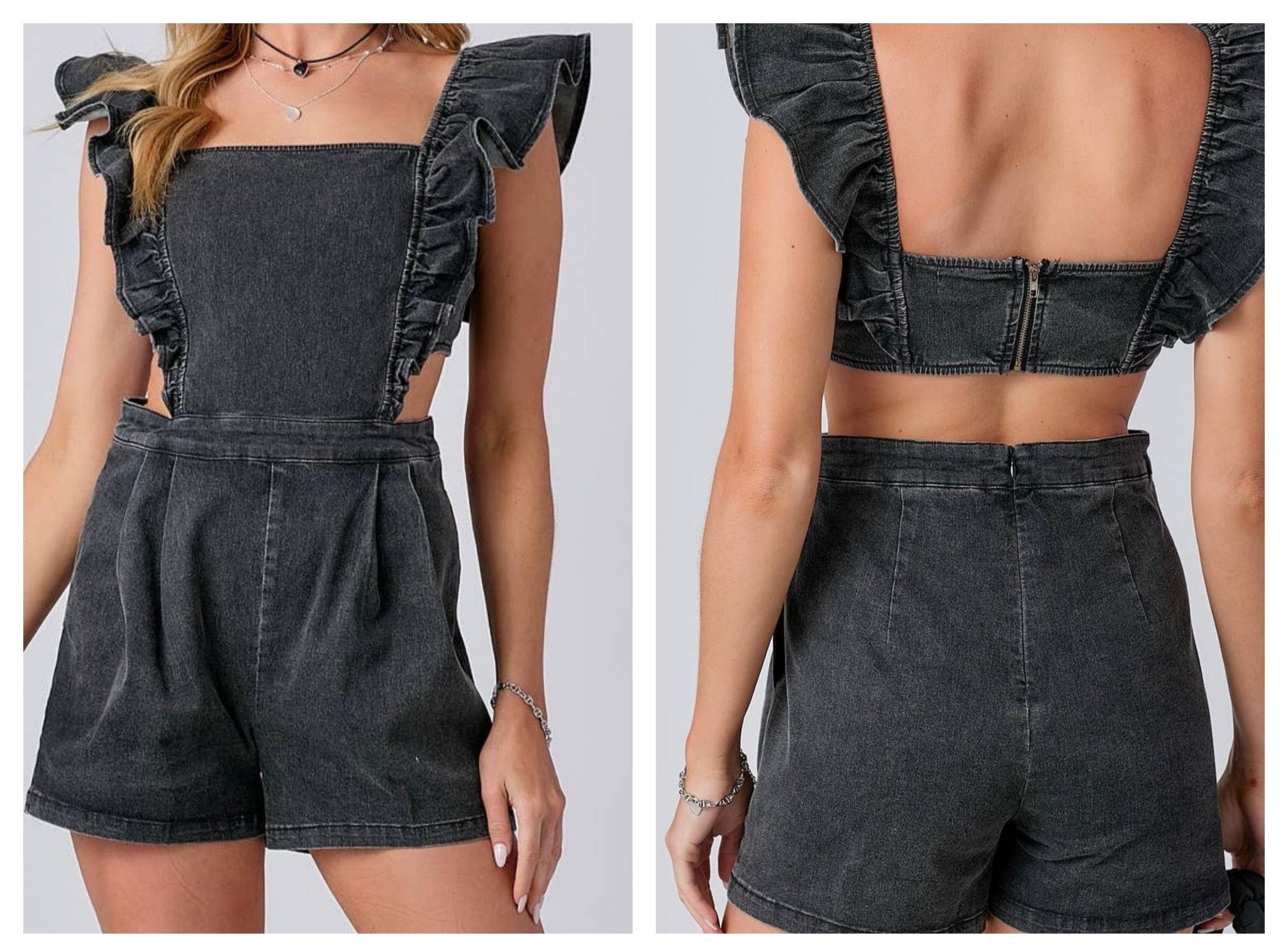 Ruffle Shoulder Denim Romper - Charcoal - Mercantile213
