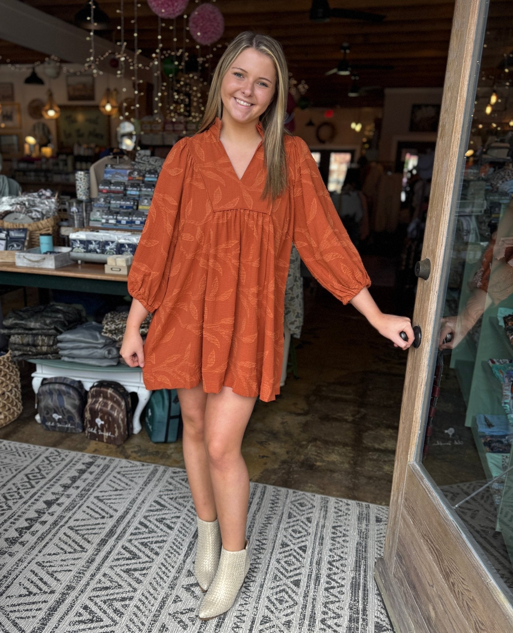 Rust Floral Textured Dress - Mercantile213