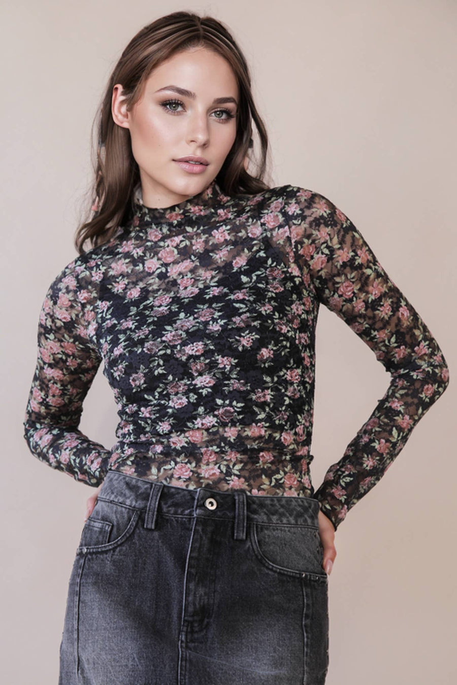Sheer Mesh Lace Knit Top - Black Floral - Mercantile213