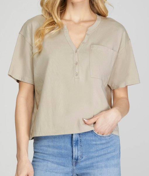 Short Sleeve Button Top Shirt- Stone - Mercantile213