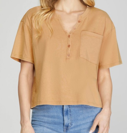 Short Sleeve Button Top Shirt- Taupe - Mercantile213