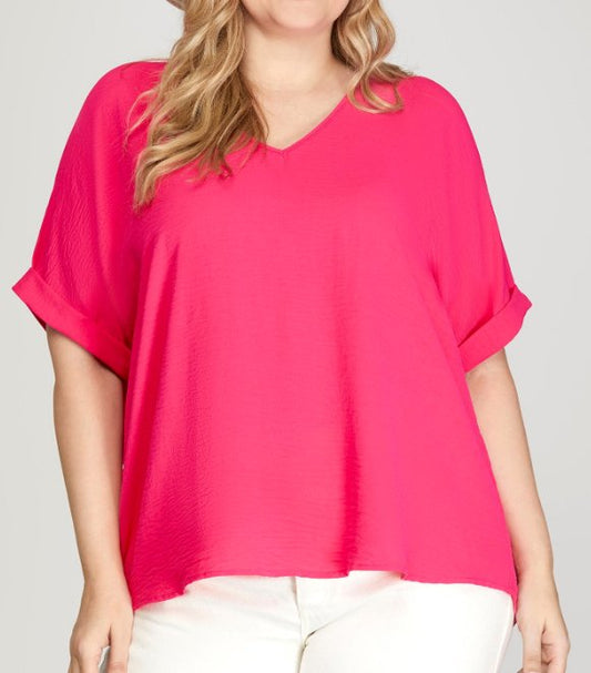 Short Sleeve V Neck Top- Hot Pink - Mercantile213