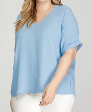 Short Sleeve V Neck Top- Lt Blue - Mercantile213