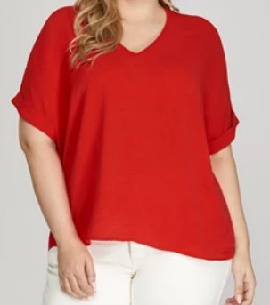 Short Sleeve V Neck Top- Red - Mercantile213