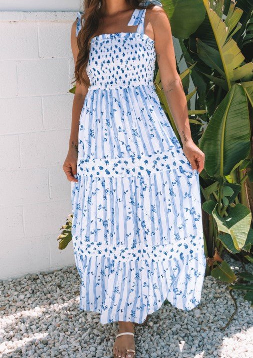 Sky Blue Floral Smocked Sleeveless Maxi - Mercantile213