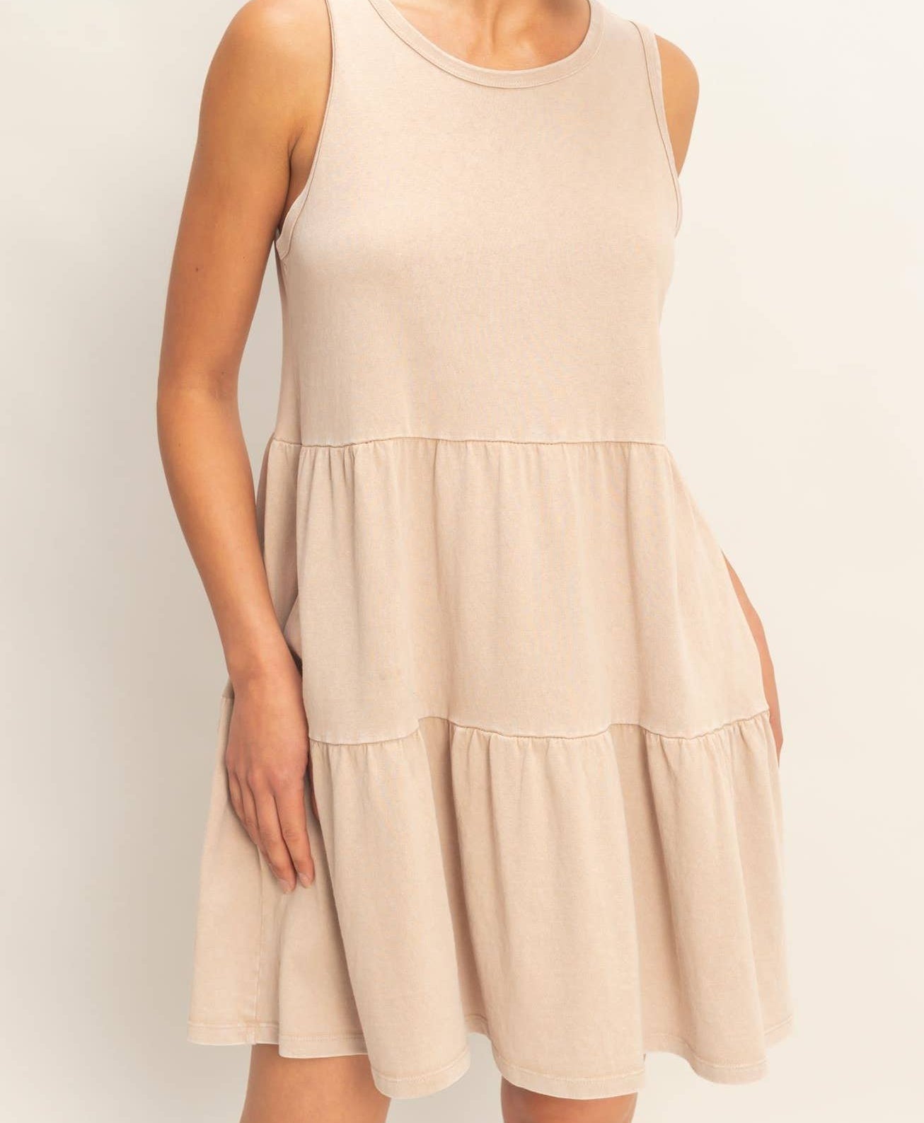 Sleeveless Tiered Mini Dress - Taupe - Mercantile213