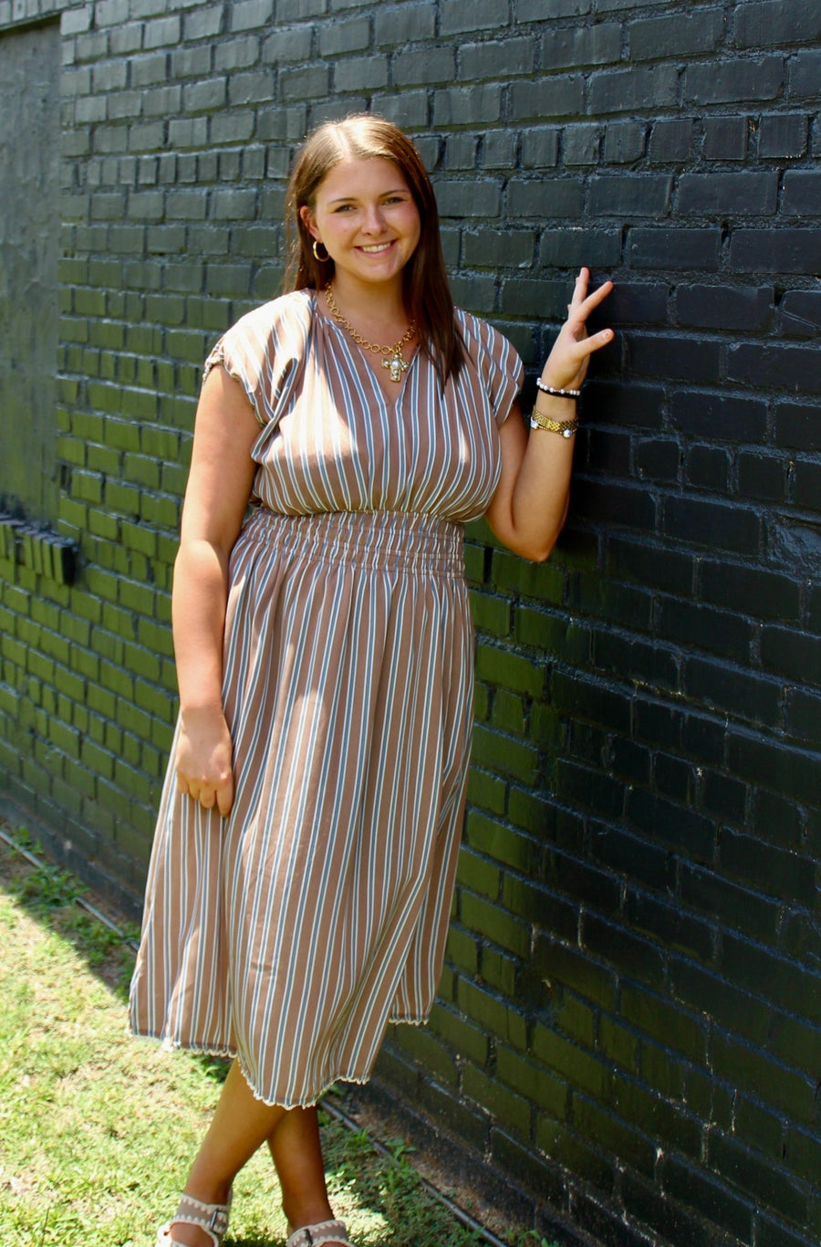 Striped Smocked Waist Midi Dress - Mercantile213