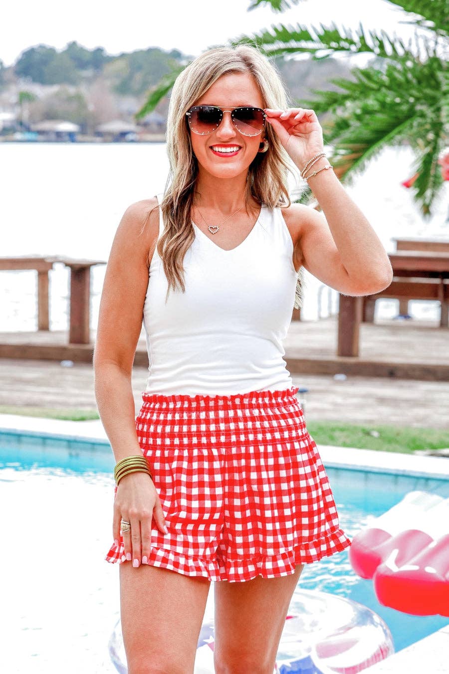 Sunny Strolls High Waisted Shorts - Red Gingham - Mercantile213