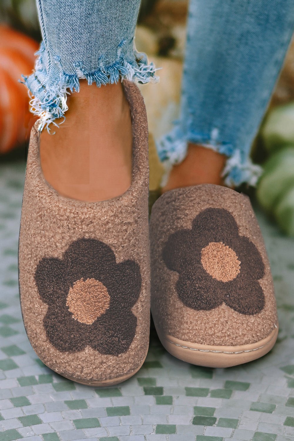 Tan/Brown Fuzzy Flower Slippers - Mercantile213