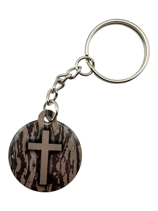 Tap To Pray - Prayer Tag Keychains: Tree Bark Camo + Cross - Mercantile213