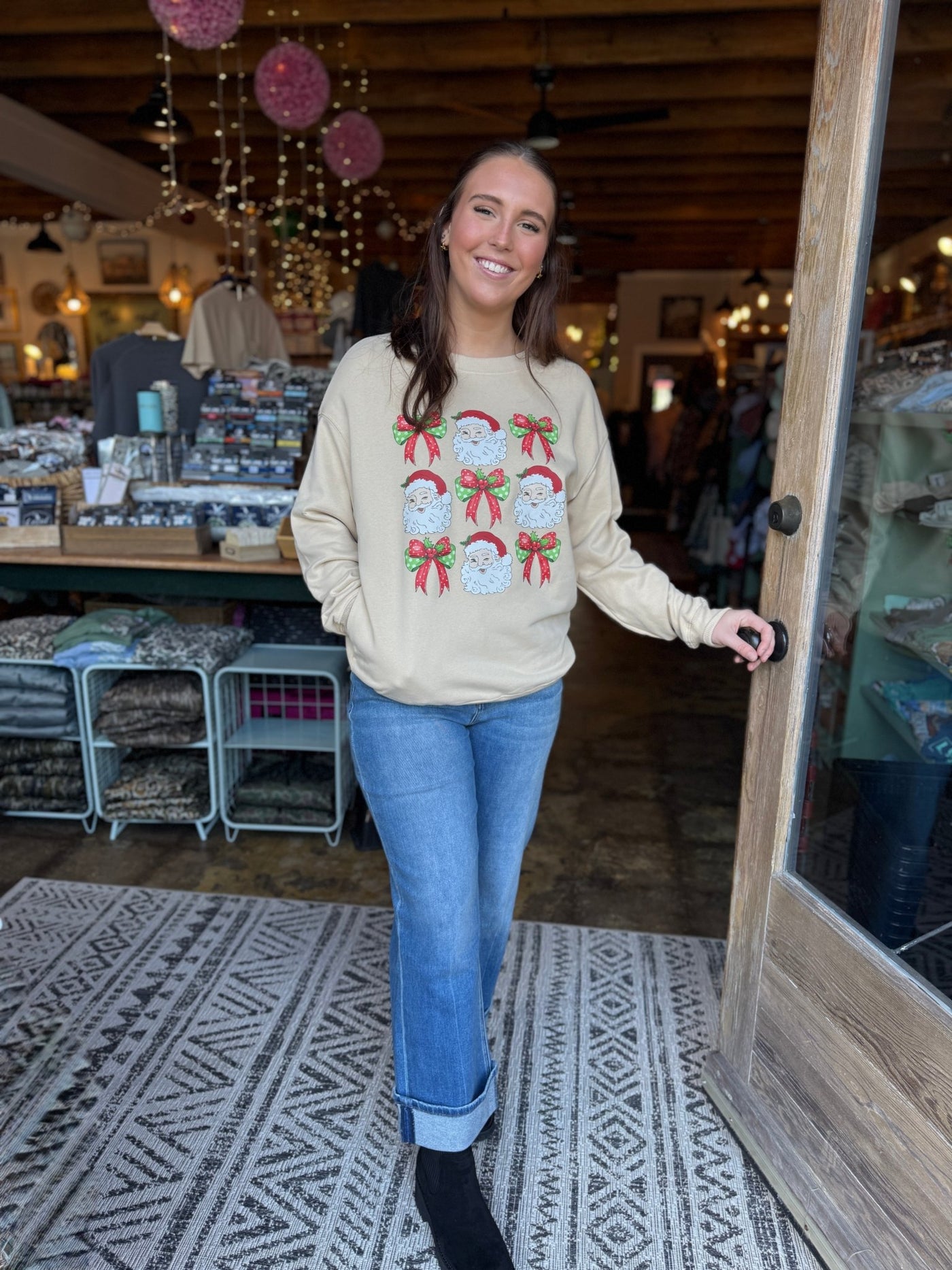 Taupe Santa/Bowknot Print Sweatshirt - Mercantile213