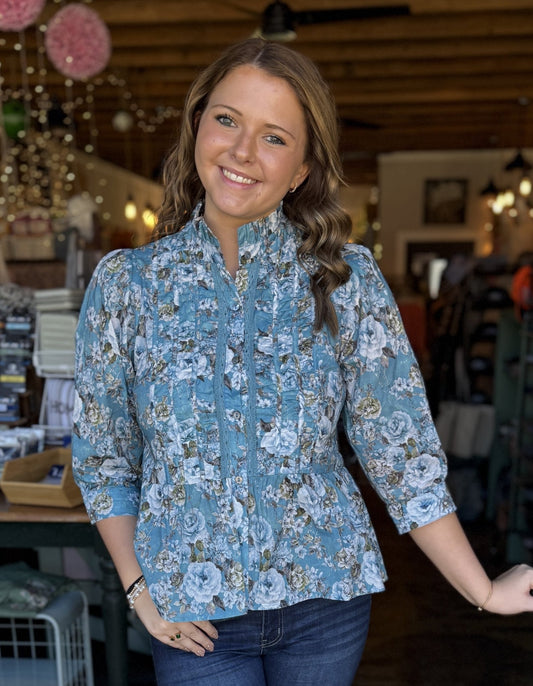 Teal Blue Floral Print Blouse - Mercantile213