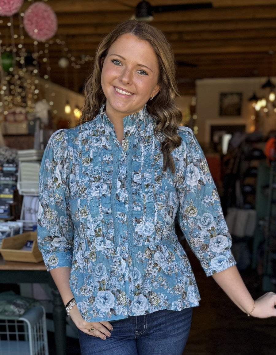Teal Blue Floral Print Blouse - Mercantile213