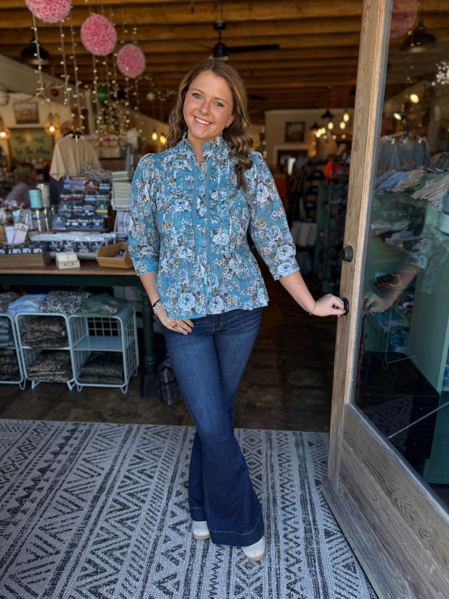 Teal Blue Floral Print Blouse - Mercantile213