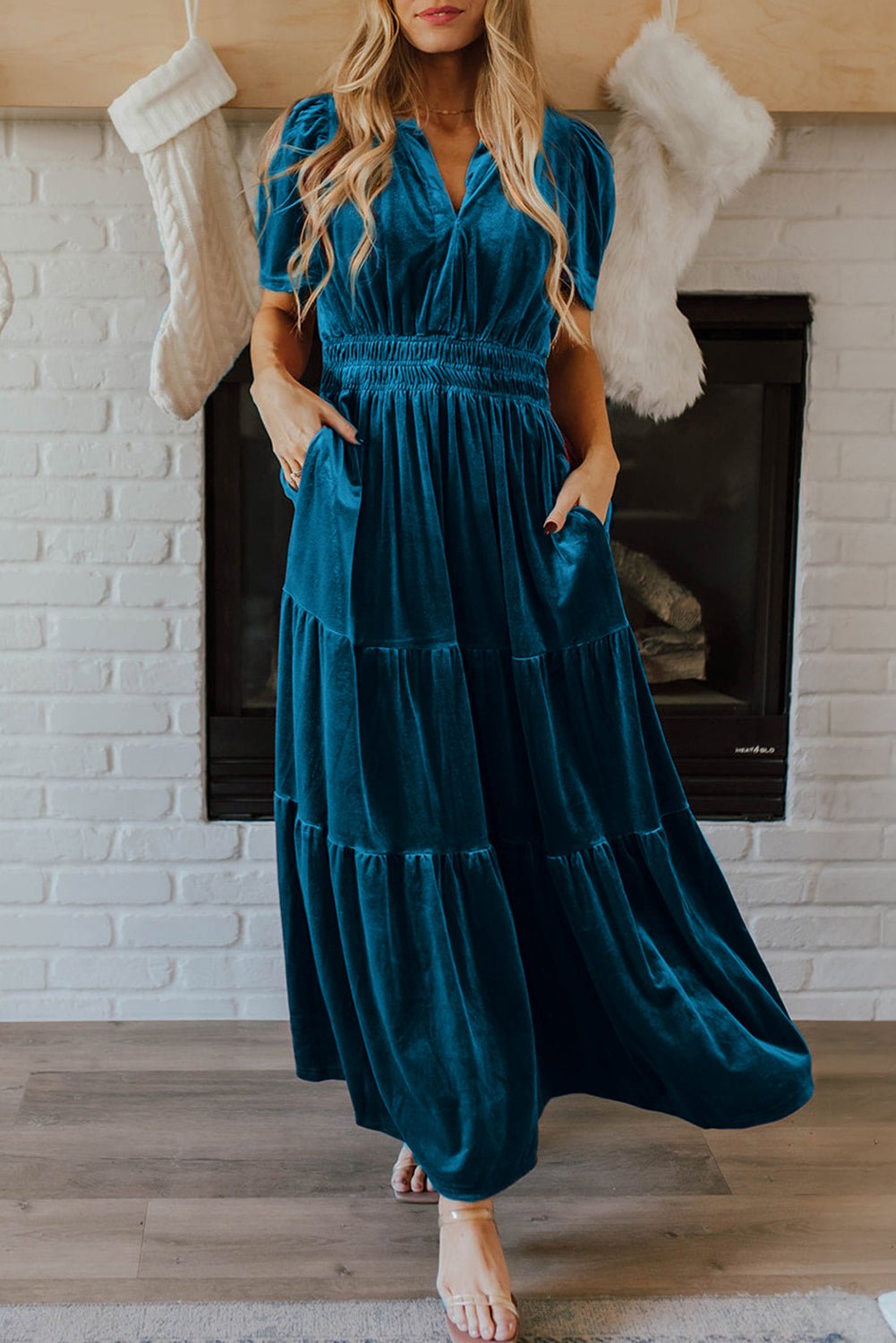 Teal Blue Velvet SS Maxi Dress - Mercantile213