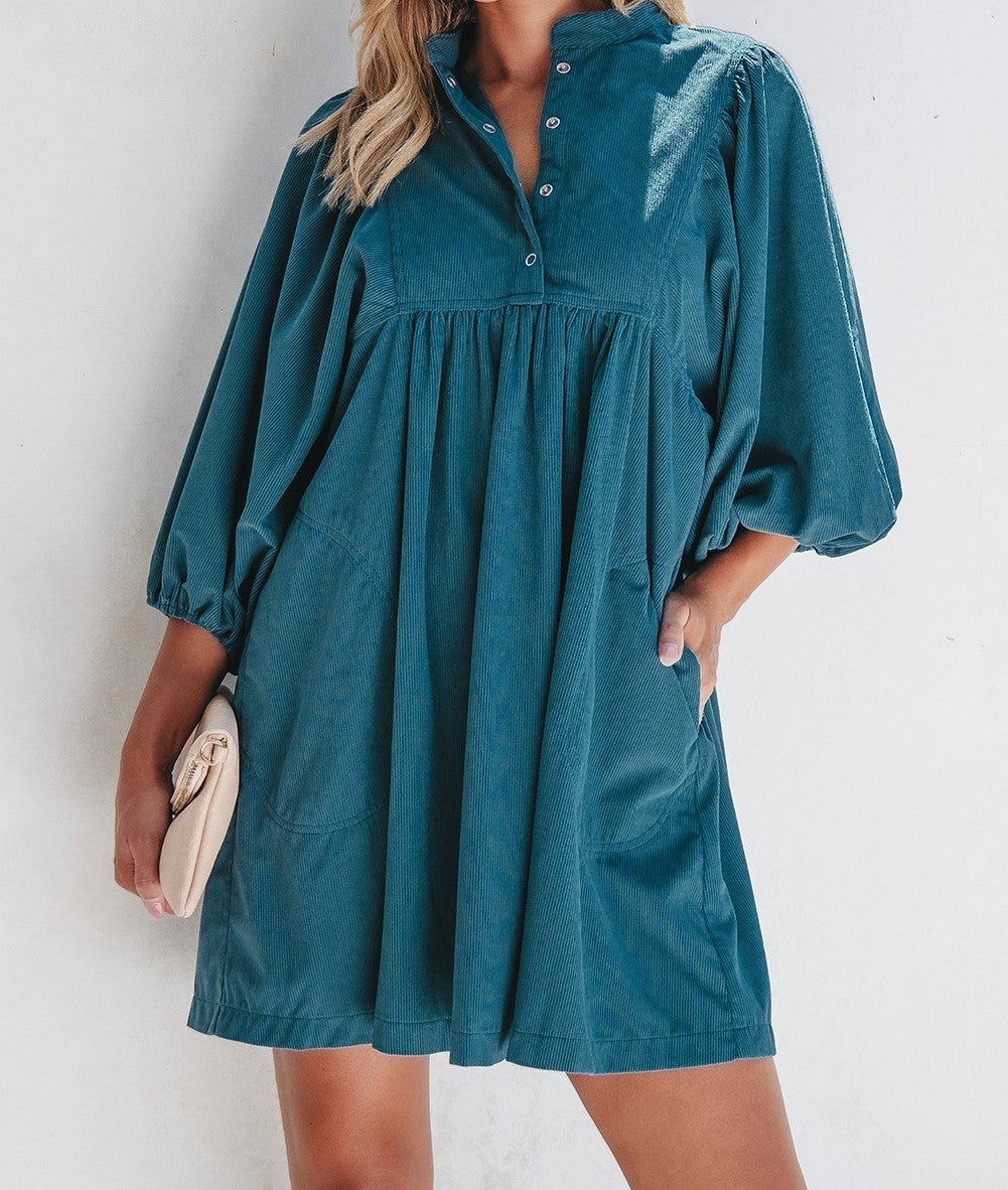 Teal Corduroy Empire Waist Dress - Mercantile213