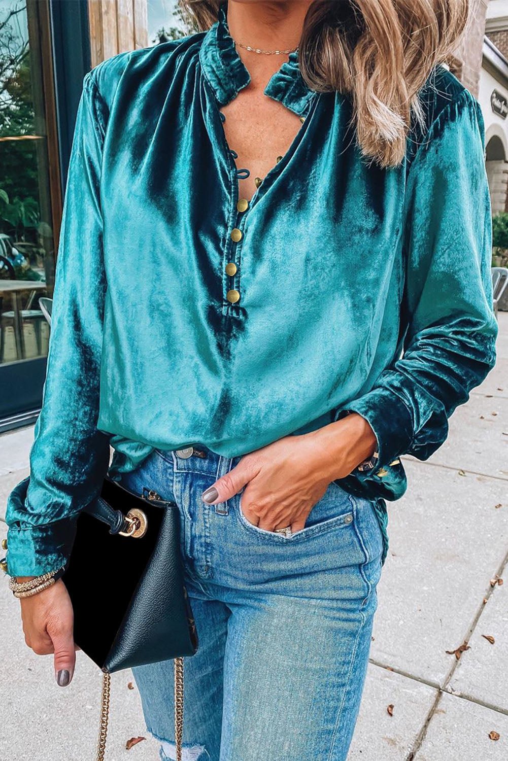 Teal Frilled Button Neck Velvet Blouse - Mercantile213