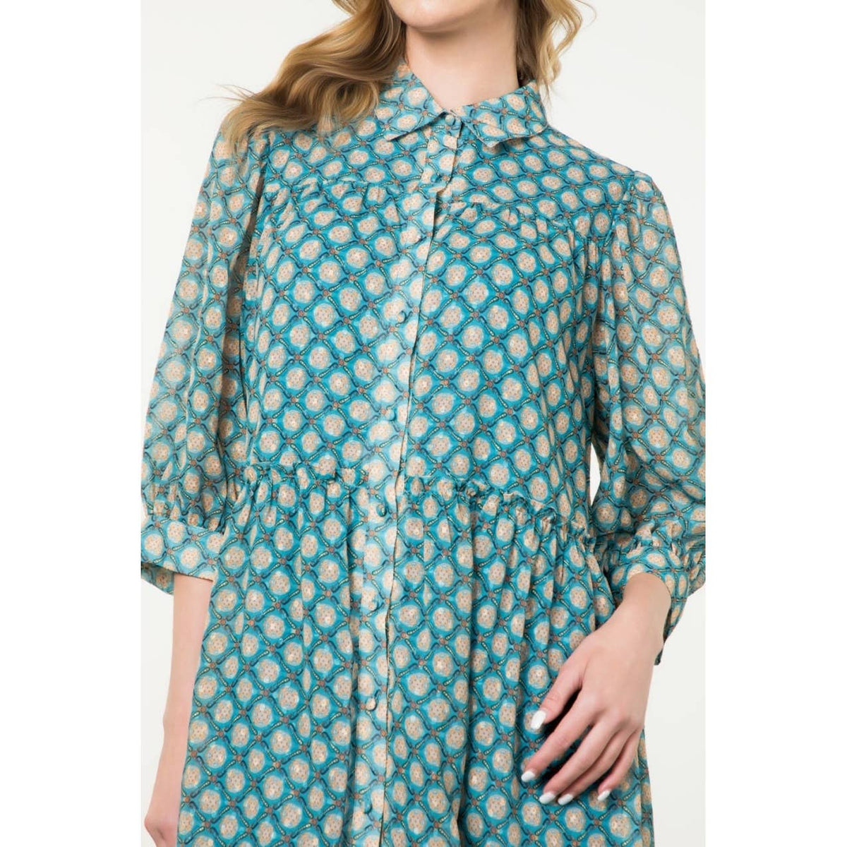 Teal Sheer Printed Ruffle Hem Button Dress - Mercantile213