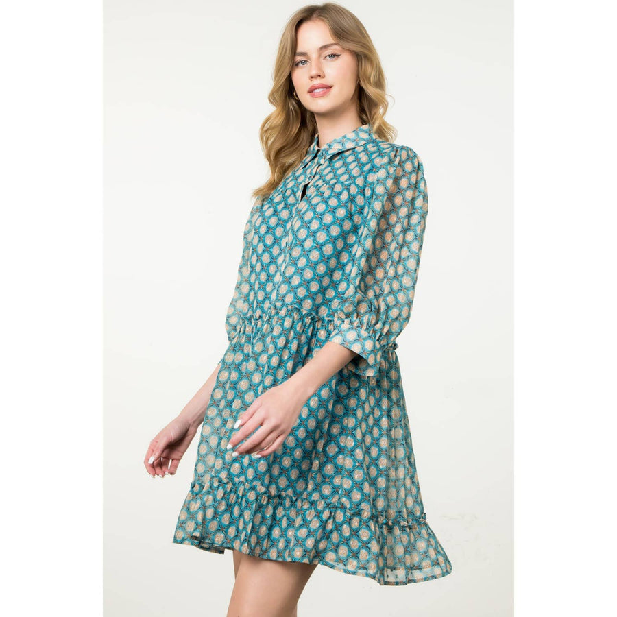 Teal Sheer Printed Ruffle Hem Button Dress - Mercantile213