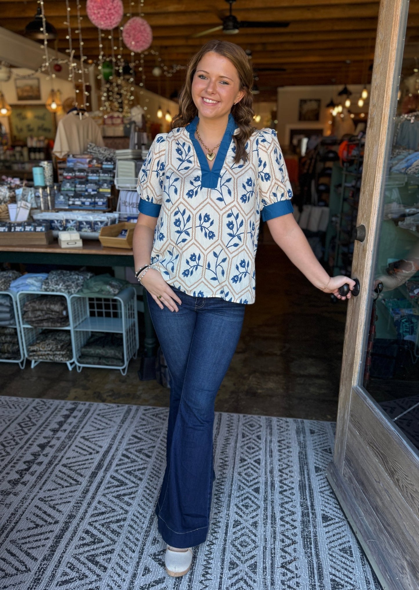 Teal/Cream Floral VNeck Blouse - Mercantile213