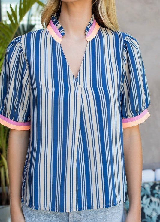 THML Blue Striped V - Neck Top - Mercantile213