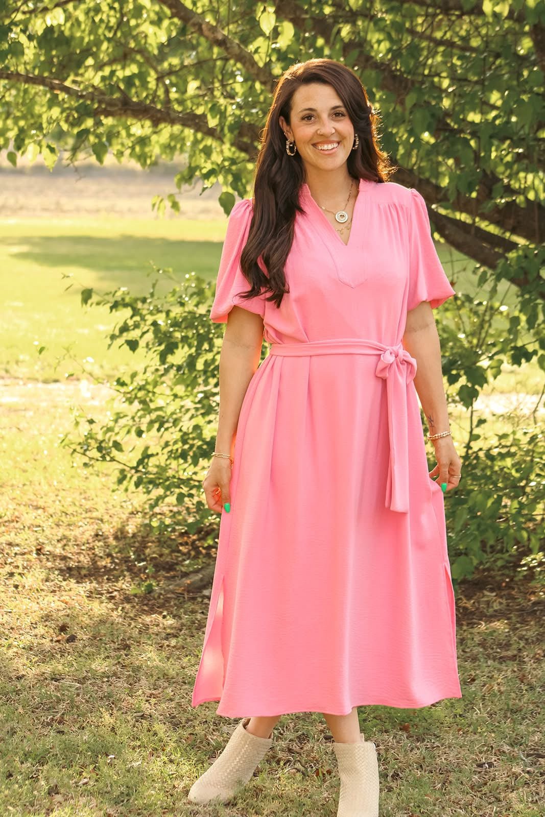 V Neckline Side Slit Midi Dress - Mercantile213