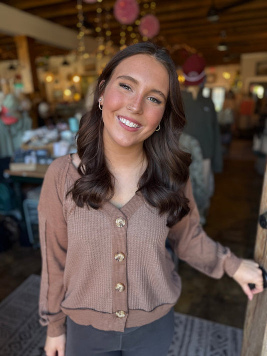 Waffle/Ribbed Knit Cardigan - Mocha - Mercantile213