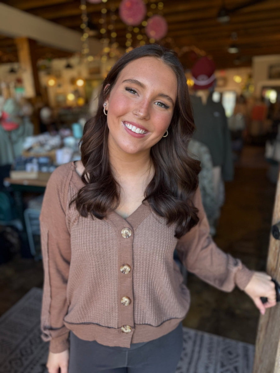 Waffle/Ribbed Knit Cardigan - Mocha - Mercantile213