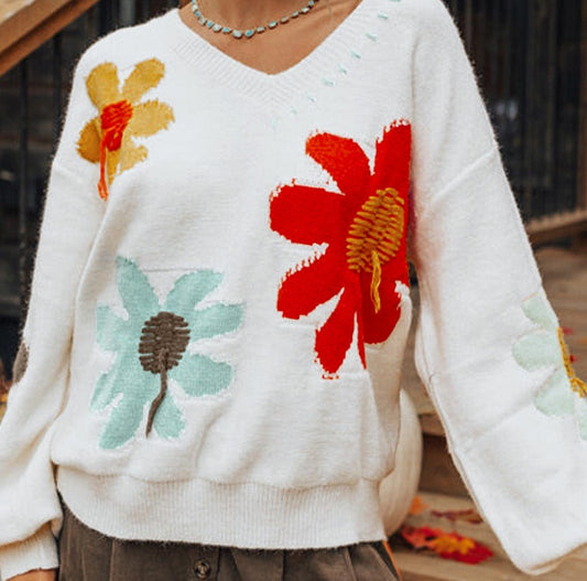 White Big Flower Sweater - Mercantile213