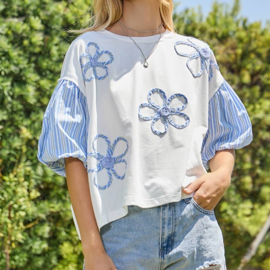 White Blue Flower Embroidered Top - Mercantile213