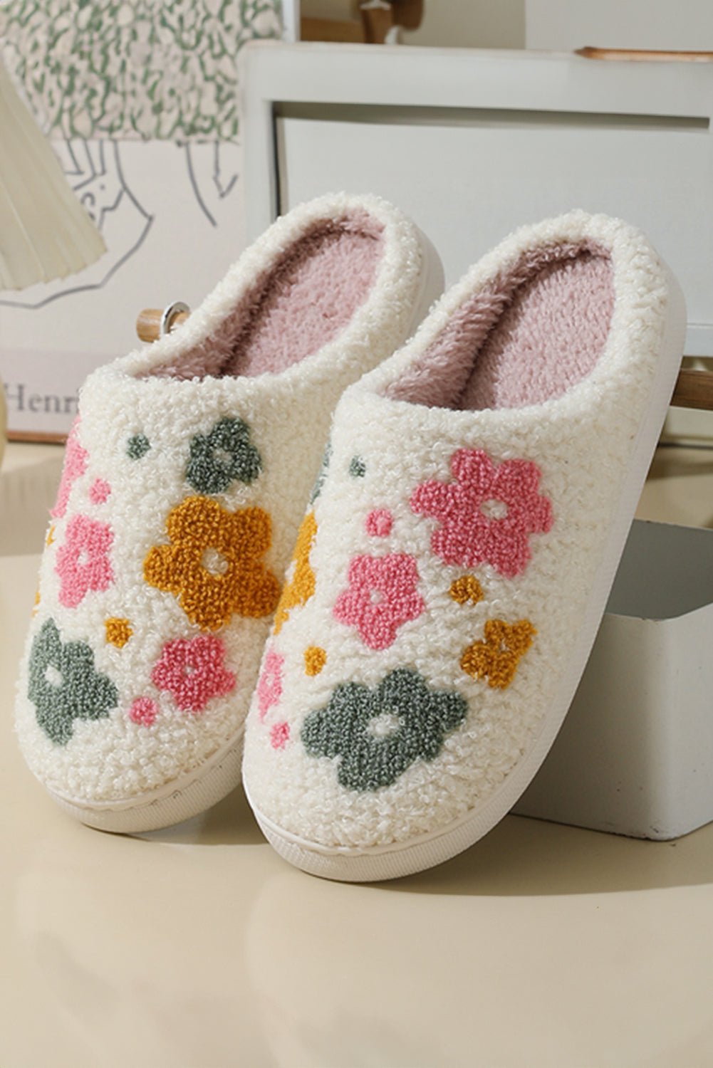 White Boho Floral Plush Slippers - Mercantile213