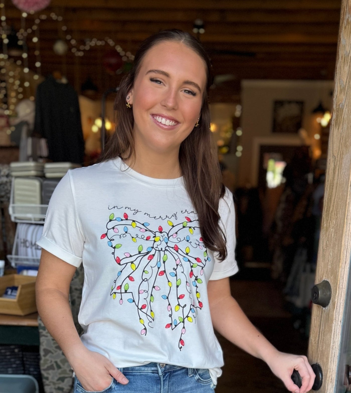 White Christmas Lighted Bowknot Tee - Mercantile213