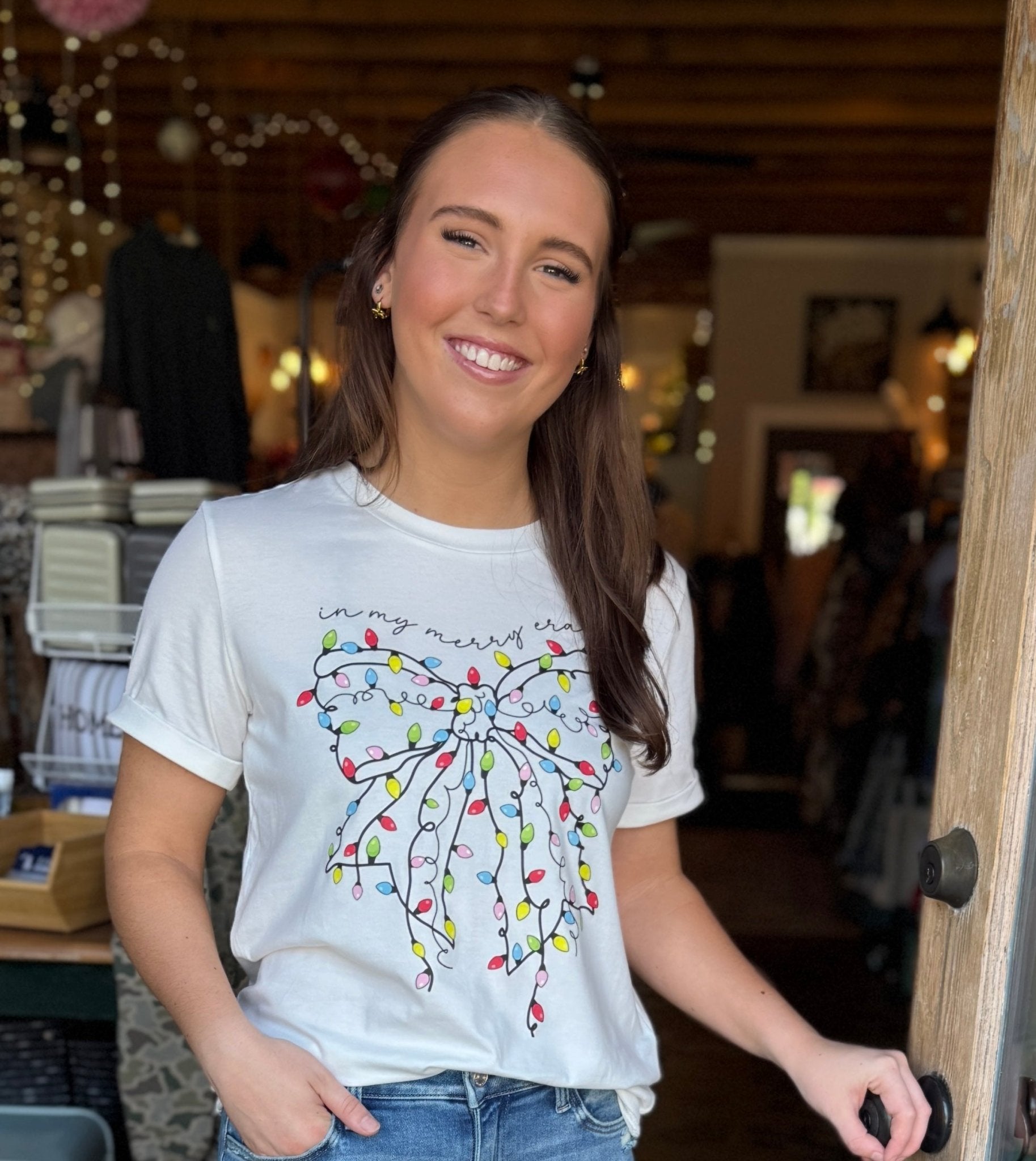 White Christmas Lighted Bowknot Tee - Mercantile213