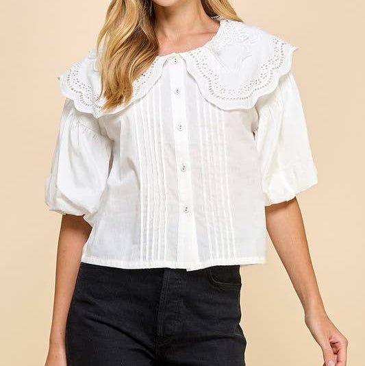 White Collared Puff Sleeve Top - Mercantile213